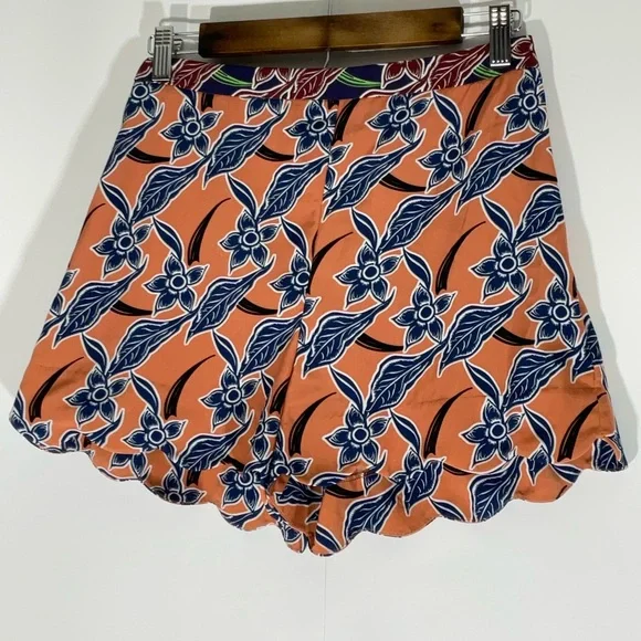 Topshop Floaty Short Orange w/Blue Floral Design Side Zipper Scalloped Hem Sz 4 - Picture 4 of 14
